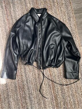 Cropped Black Faux Leather Drawstring Hem Jacket - Women